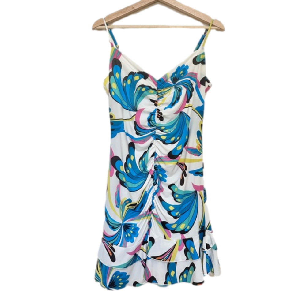 BCBGMAXAZRIA‎ White Blue Peacock Abstract Print Ruched Ruffle Strappy Mini Dress
